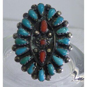 Vintage Zuni Sterling Silver Turquoise & Coral Petit Point Cluster Ring Sz 7